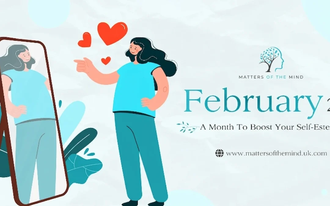 Flat vector illustration of a woman in a blue outfit pointing confidently at her reflection in a standing mirror, with red hearts above her, set against a light teal background with leaves. The text "February 2026" is visible.