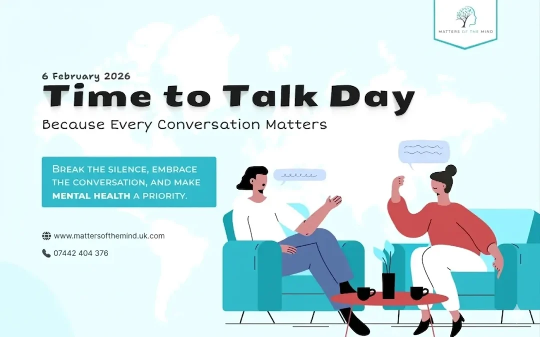 A professional graphic for Time to Talk Day on 6 February 2026 featuring a minimalist world map background and a cartoon vector illustration of two people sitting on teal armchairs having a conversation over coffee.