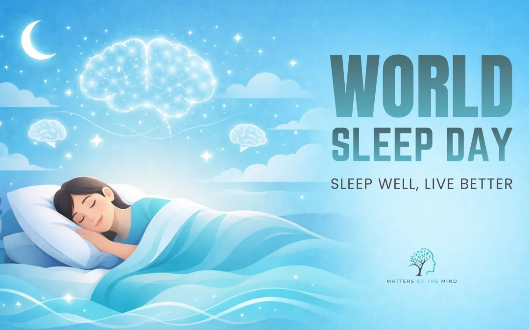 Illustration of a person sleeping peacefully under the night sky with a glowing brain symbol, representing World Sleep Day and the importance of healthy sleep.