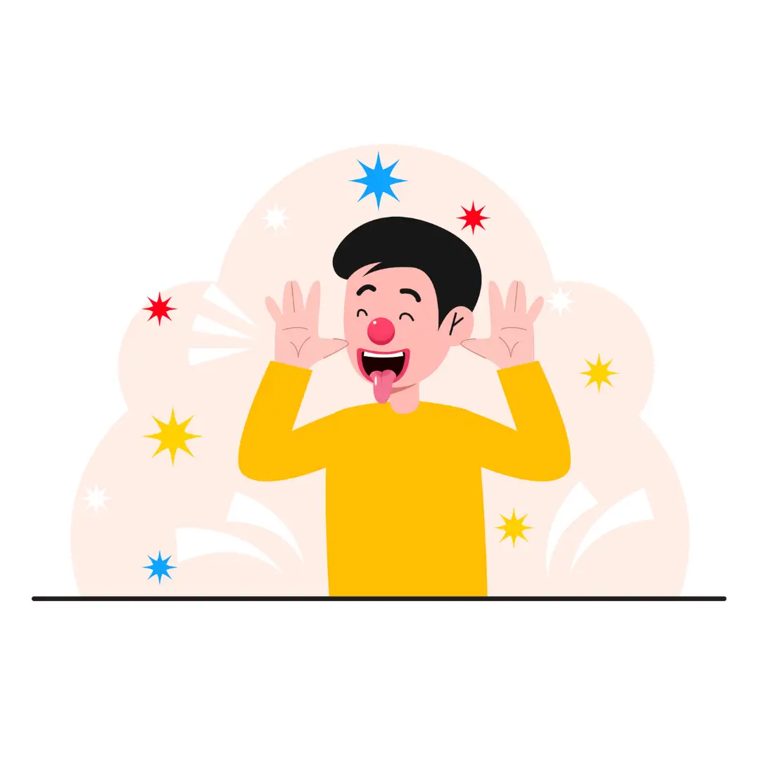 Embracing Playful Self-Humor A person wearing a yellow shirt playfully sticks out their tongue while sporting a red clown nose. Their hands are raised near their head in a fun, exaggerated gesture. The background is filled with colorful star shapes in red, blue, yellow, and white, adding a festive and whimsical touch to the image.