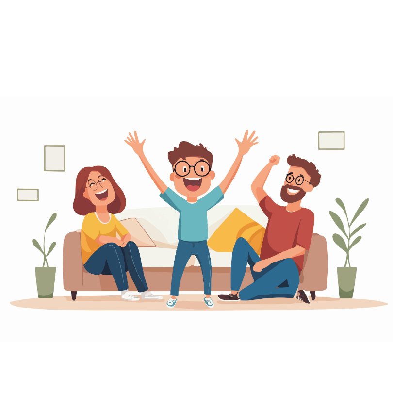 Laughing Together with Loved Ones Three friends sit on a couch in a bright living room, laughing and cheering. One person in a yellow shirt sits cross-legged, while another in a blue shirt stands with arms raised. The third person in a red shirt lifts one arm in excitement. The cozy space is decorated with pillows, framed pictures, and potted plants, creating a warm and joyful atmosphere.