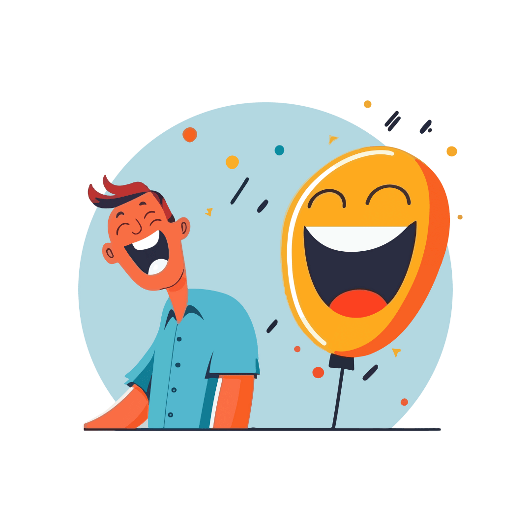 Laughing with Joy and Playfulness A person with red hair wearing a blue shirt laughs cheerfully alongside an orange balloon that also has a smiling face. The background is a light blue circle with colorful confetti-like elements scattered around, enhancing the festive and lively atmosphere.
