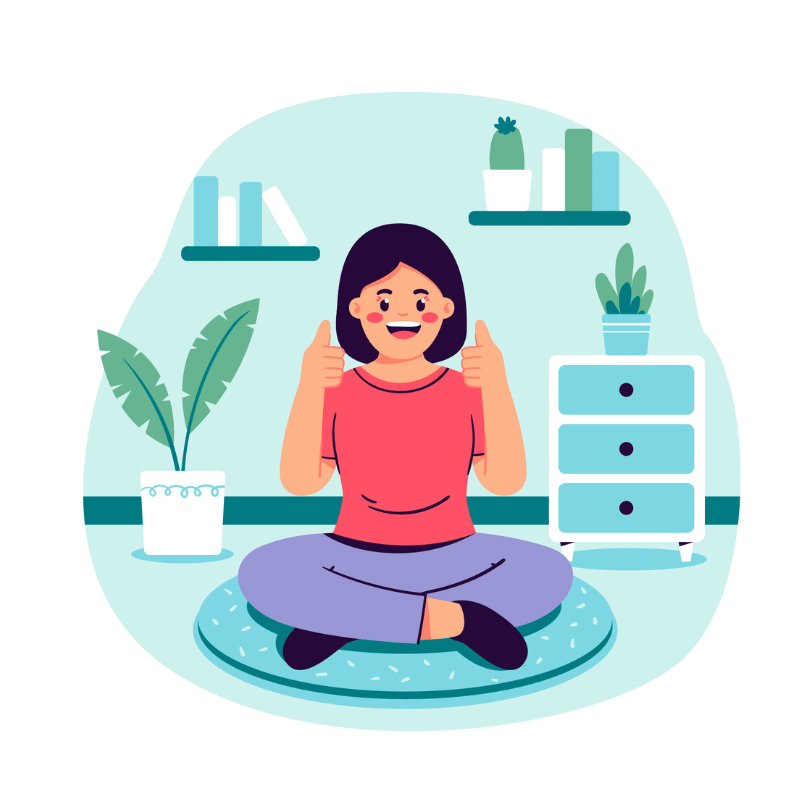 Laughter Yoga and Positivity A person sits cross-legged on a round rug, wearing a red shirt and purple pants, giving two thumbs up with a cheerful expression. The room has light blue walls with shelves holding books and potted plants. A large plant stands on the left, while a dresser with blue drawers and a cactus sits on the right, creating a serene and uplifting space.