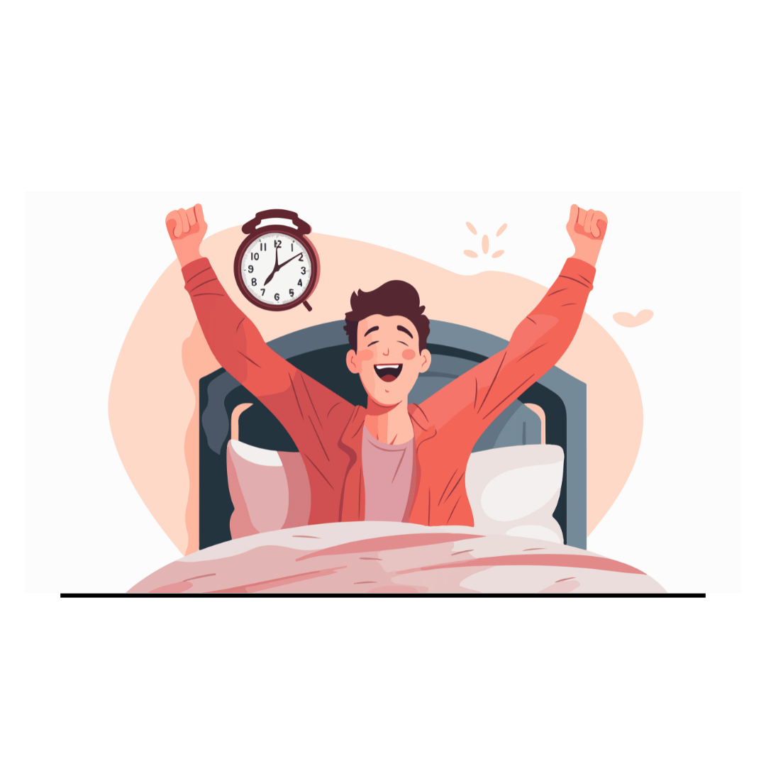 Morning Stretch to Start the Day A person sits up in bed, stretching with both arms raised. An alarm clock on the wall shows 7:00, and the person wears a red shirt, covered by a blanket. The background includes a headboard and pillows, representing a typical morning wake-up routine.