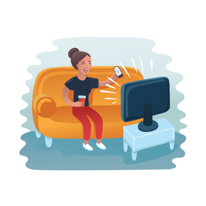 Relaxing with a Funny Show A person sits on an orange couch, holding a drink in one hand and a remote control in the other, while watching TV. Motion lines around the remote suggest they are changing the channel or adjusting the volume. The television sits on a small white table, creating a cozy and relaxed atmosphere.