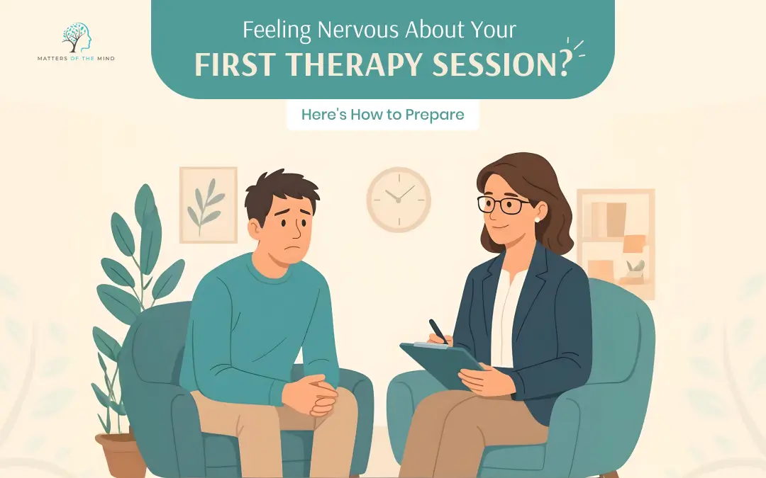 Illustration of a nervous client speaking with a therapist in a calm setting, representing preparation for the first therapy session