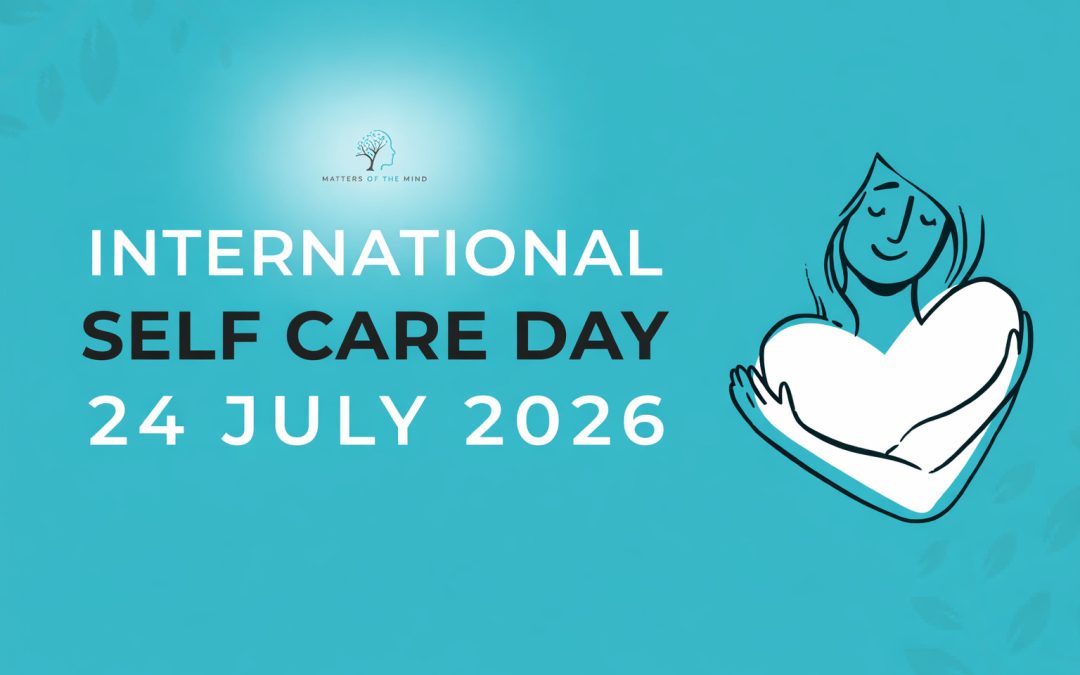 International Self Care Day 2026 banner showing a calm figure holding a heart, promoting emotional well-being and self-care awareness.