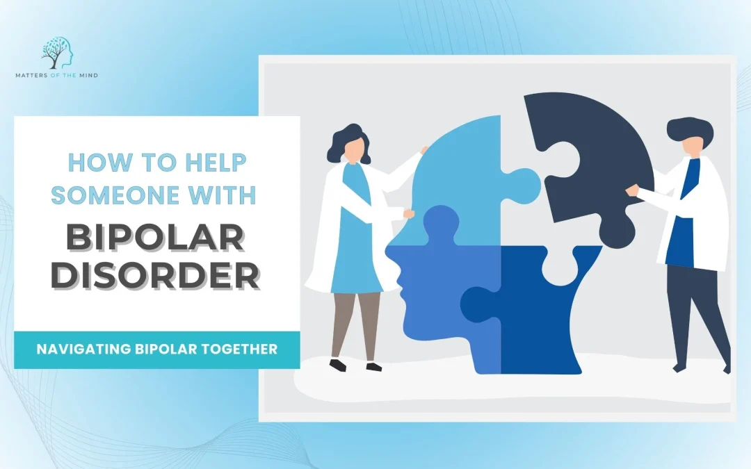 Illustration showing two people assembling puzzle pieces forming a human head, representing support and understanding for someone with bipolar disorder.