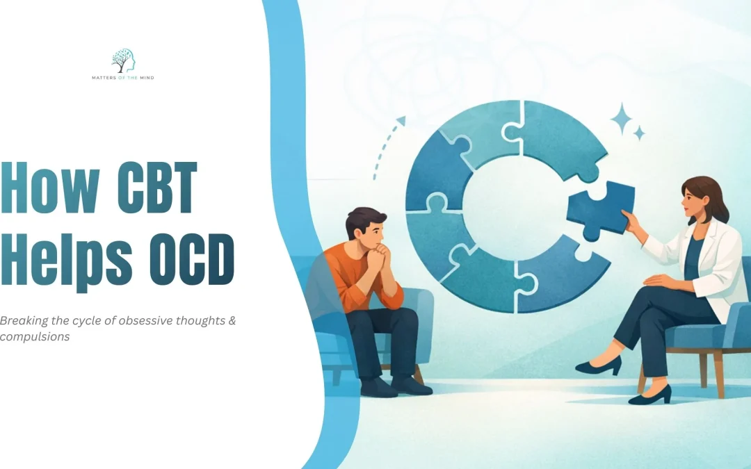 Therapist using Cognitive Behavioural Therapy (CBT) techniques to help a client manage OCD by breaking the cycle of obsessive thoughts and compulsions.