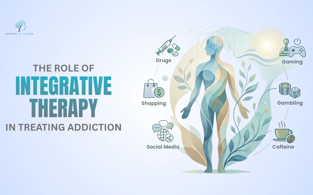 Illustration showing integrative therapy for addiction, highlighting behaviours such as drugs, gaming, gambling, shopping, social media, and caffeine.