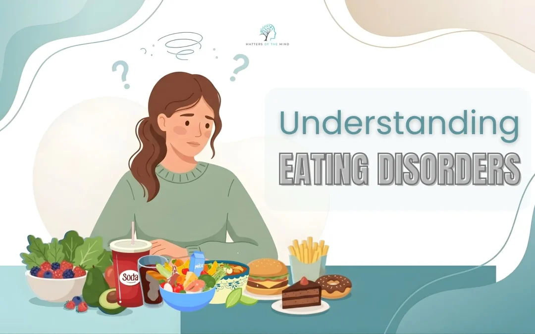 Illustration of a young woman looking uncertain while sitting in front of a variety of foods, representing the emotional challenges linked to eating disorders