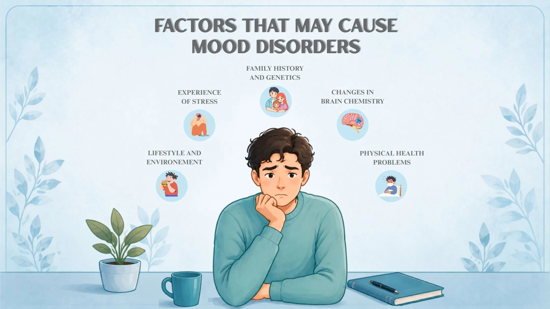 Infographic illustrating factors that may cause mood disorders, including stress, family history and genetics, changes in brain chemistry, physical health problems, and lifestyle and environmental influences.