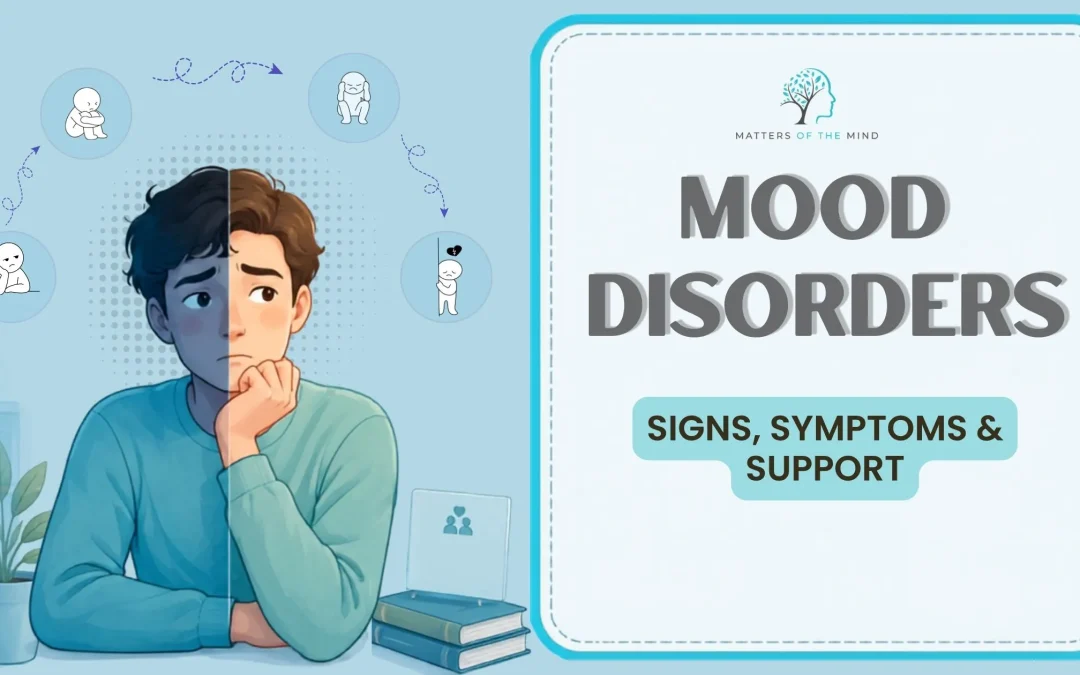 Illustration of a person experiencing mood changes with the title "Mood Disorders: Signs, Symptoms and Support" and emotional icons representing different emotional states.