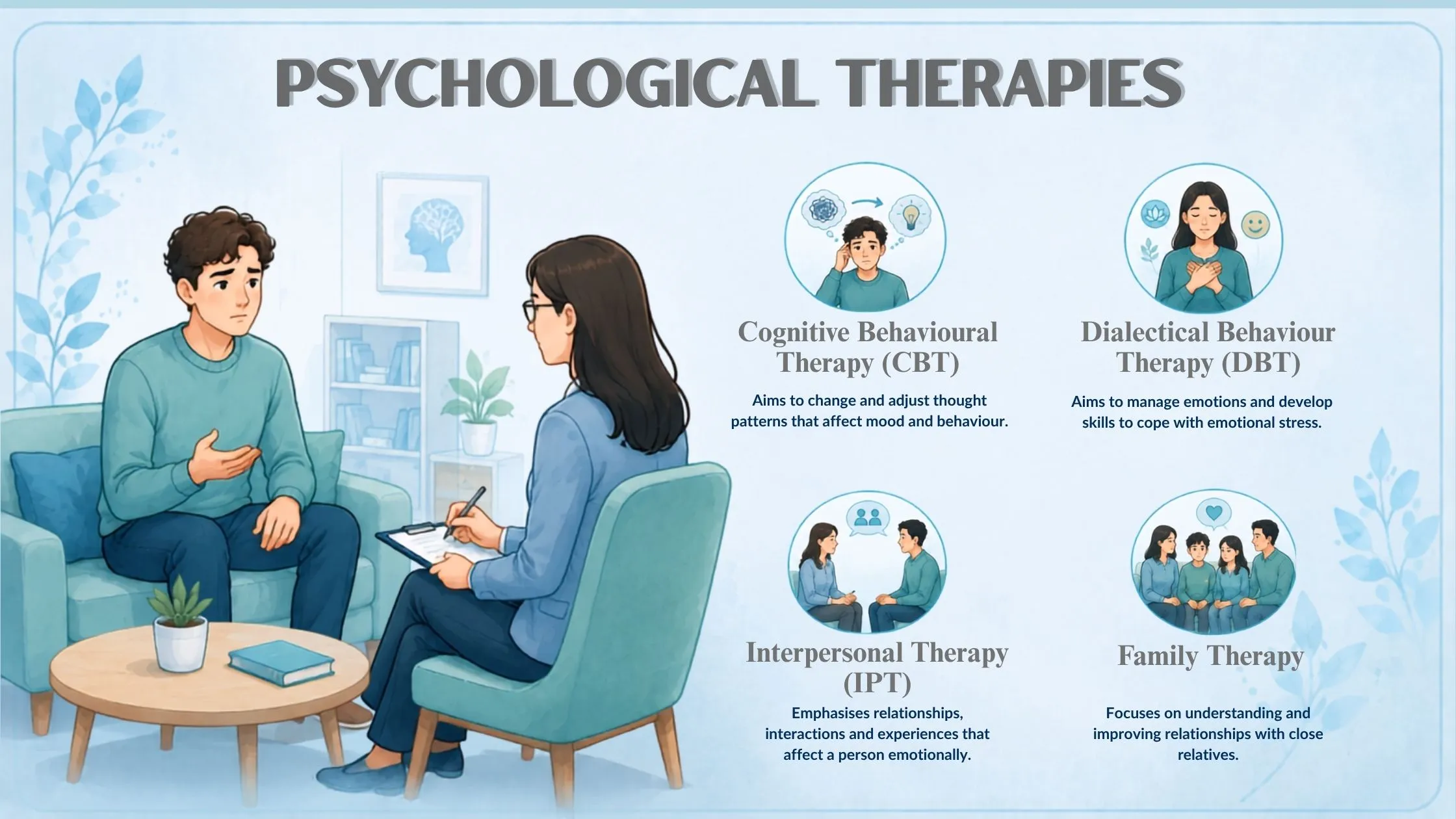 Infographic showing a therapy session and four psychological treatments for mood disorders: Cognitive Behavioural Therapy (CBT), Dialectical Behaviour Therapy (DBT), Interpersonal Therapy (IPT), and Family Therapy.