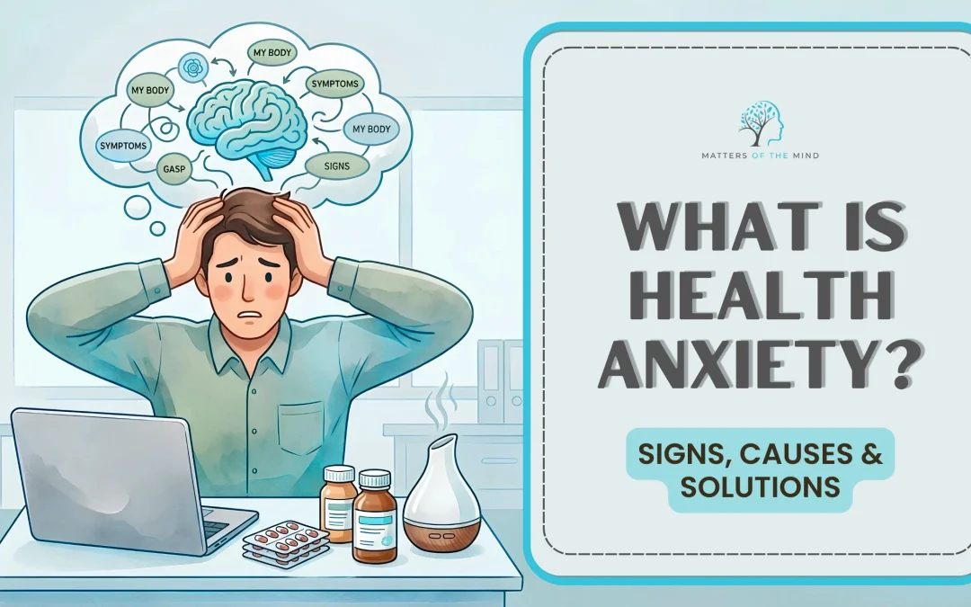 Illustration of a person experiencing health anxiety while working at a desk, with thoughts about symptoms, signs and health concerns displayed above their head.