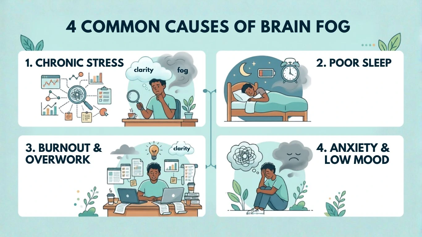 Infographic highlighting four common causes of brain fog: chronic stress, poor sleep, burnout and overwork, and anxiety with low mood, using simple illustrations to explain each factor.