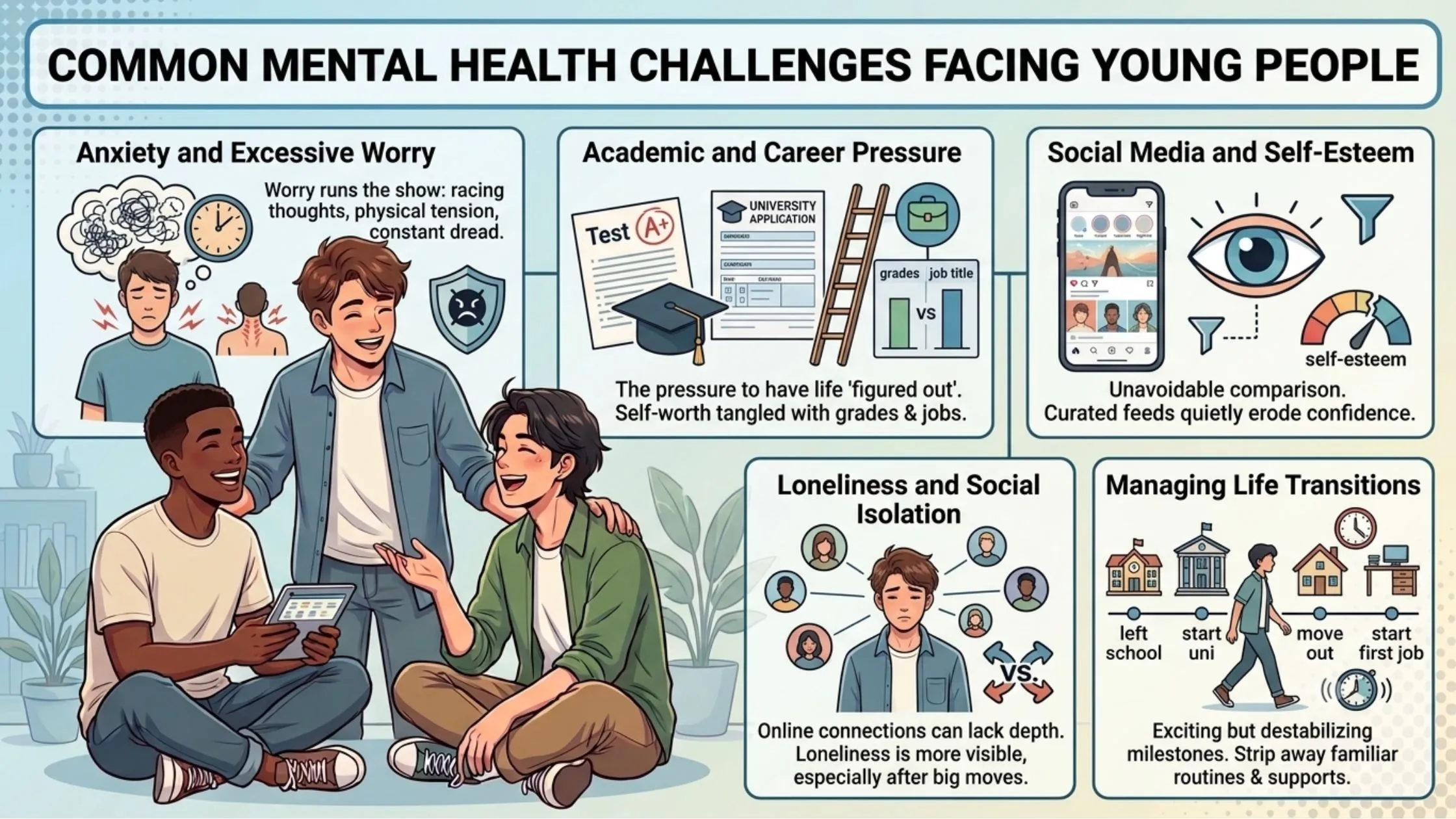 Infographic showing common mental health challenges affecting young people, including anxiety and excessive worry, academic and career pressure, social media and self-esteem, loneliness and social isolation, and managing life transitions.