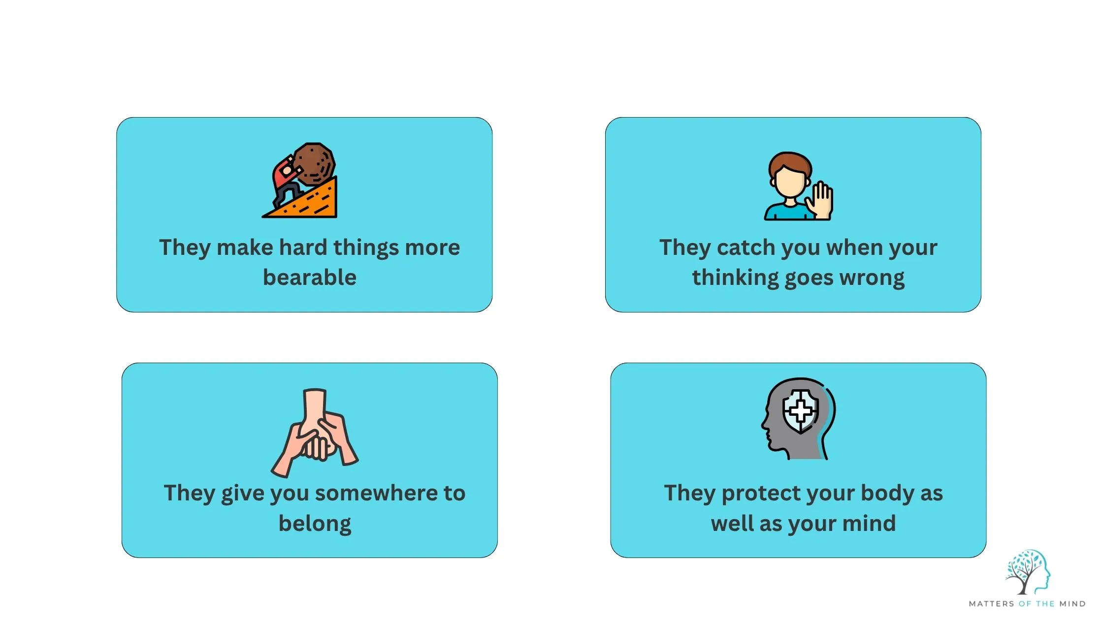 Infographic showing four ways good friendships support mental wellbeing: making challenges easier, correcting negative thinking, creating a sense of belonging, and supporting both physical and mental health.