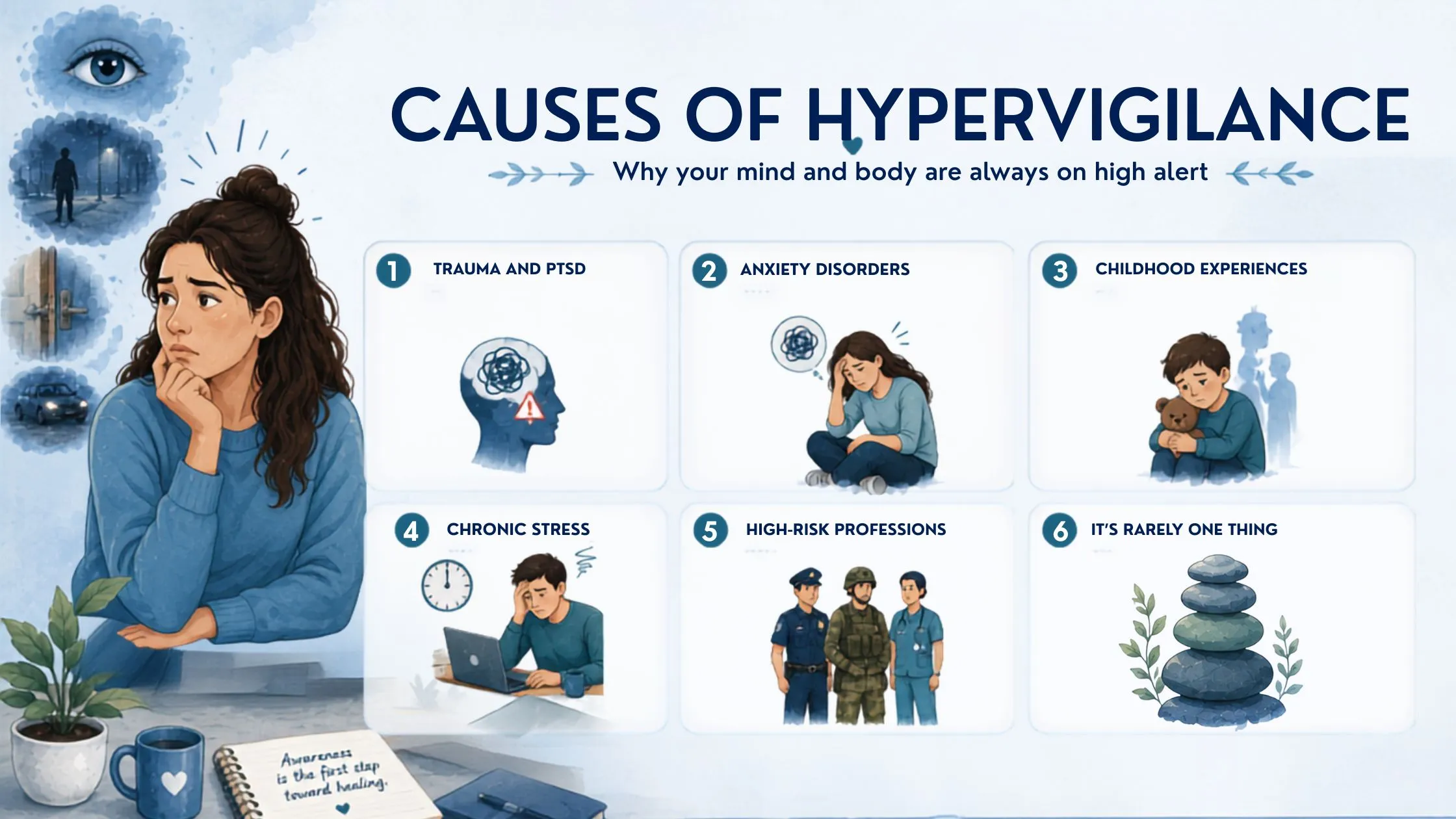 Infographic explaining six causes of hypervigilance, including trauma and PTSD, anxiety disorders, childhood experiences, chronic stress, high-risk professions, and multiple contributing factors.</p>
<p>