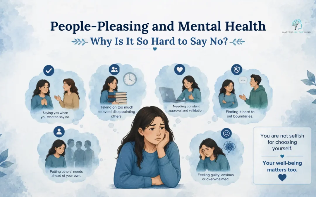 Minimalist infographic showing a worried woman surrounded by common signs of people-pleasing, including difficulty saying no, fear of rejection, seeking approval, low self-worth, and difficulty setting boundaries.