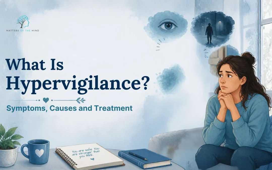 Illustration of a worried woman experiencing hypervigilance with visual signs of heightened alertness, alongside the text “What Is Hypervigilance? Symptoms, Causes and Treatment”.