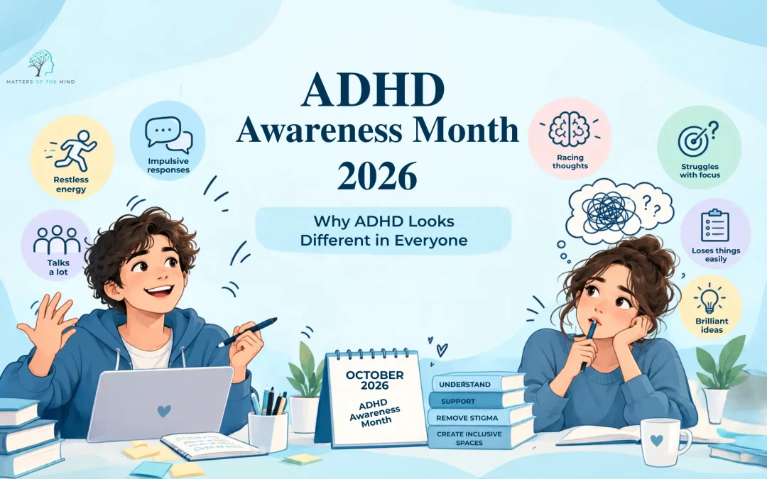 ADHD Awareness Month 2026 illustration showing different ADHD experiences, including restlessness, racing thoughts, focus struggles, and impulsive responses.