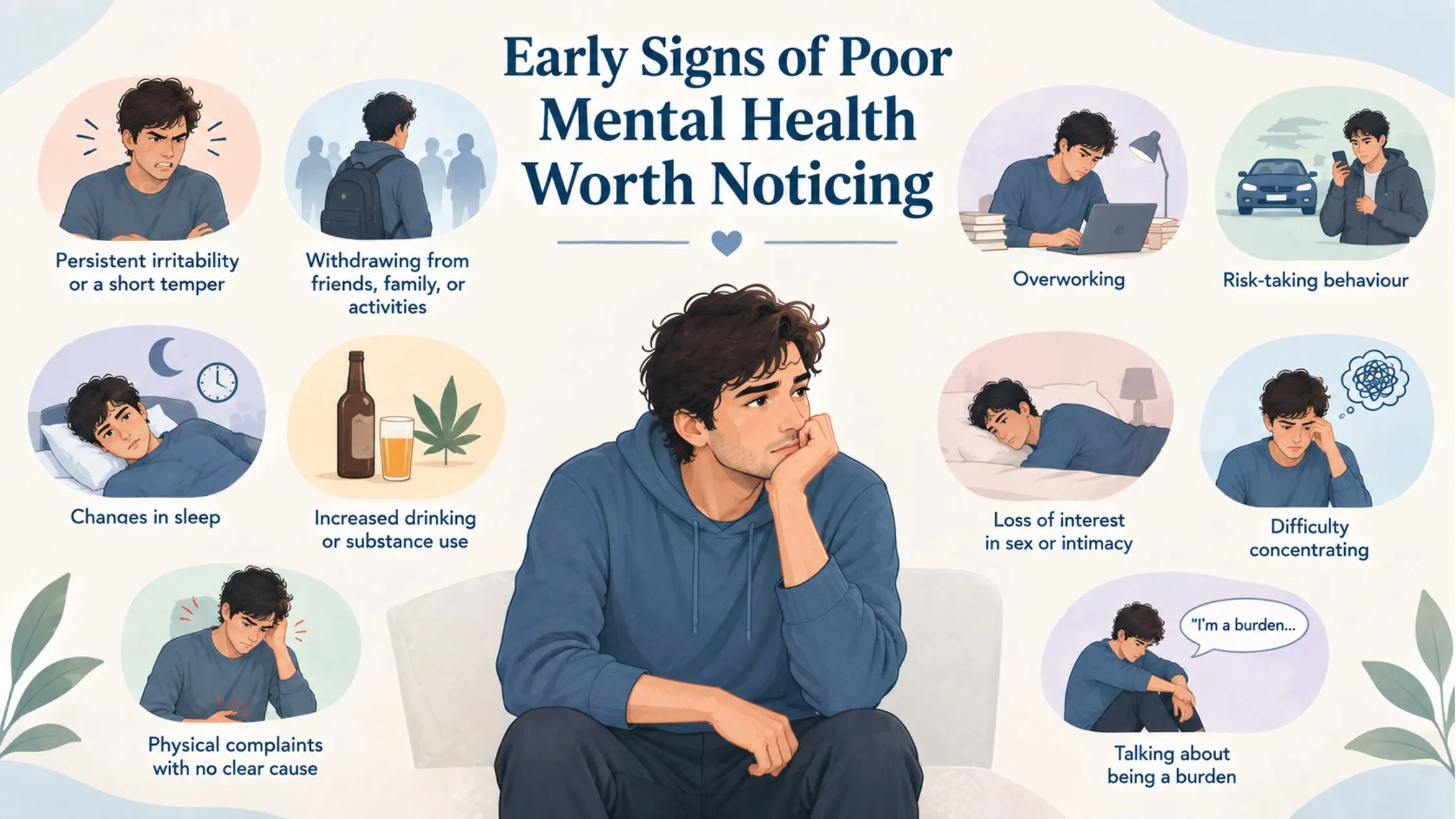 Infographic showing early signs of poor mental health, including irritability, social withdrawal, sleep changes, difficulty concentrating, overworking, and increased substance use.