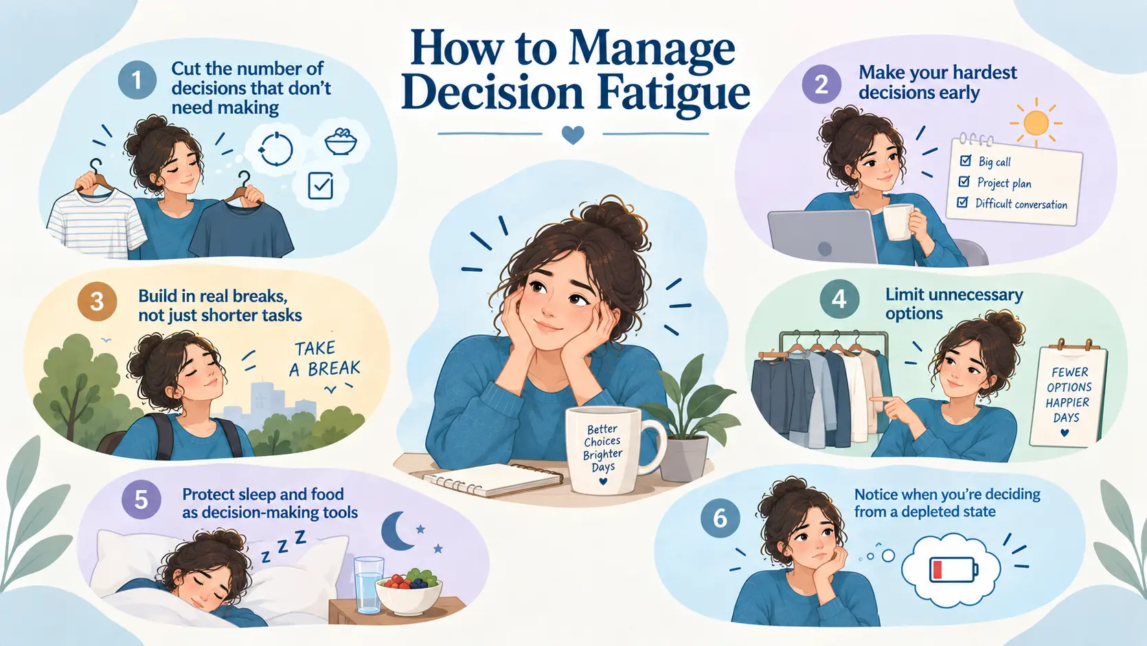 Infographic showing six ways to manage decision fatigue, including reducing unnecessary choices, making difficult decisions early, taking proper breaks, limiting options, protecting sleep and recognising mental depletion.
