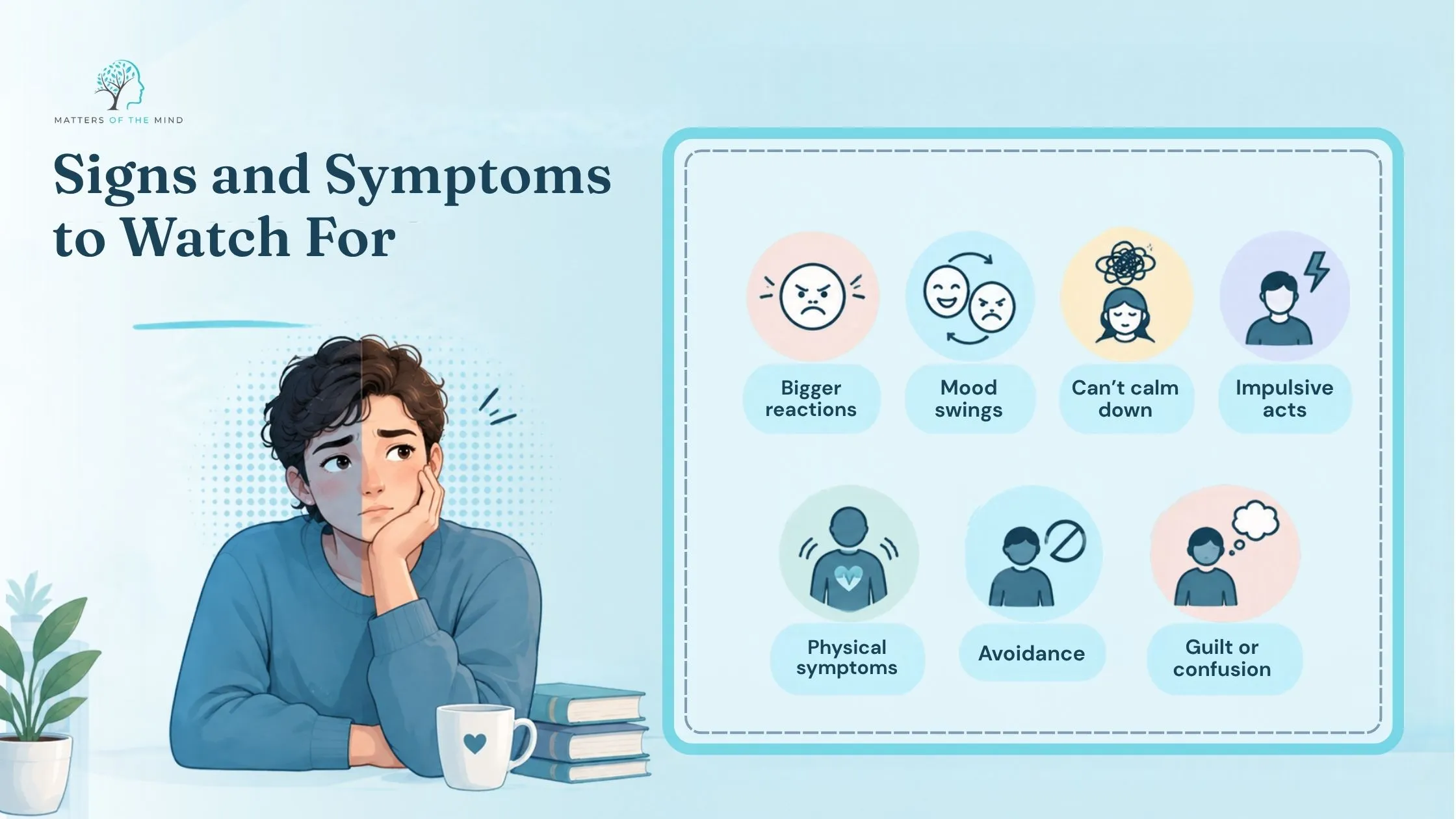 Infographic showing common signs of emotional dysregulation, including mood swings, intense reactions, impulsive actions, physical symptoms, avoidance and guilt.