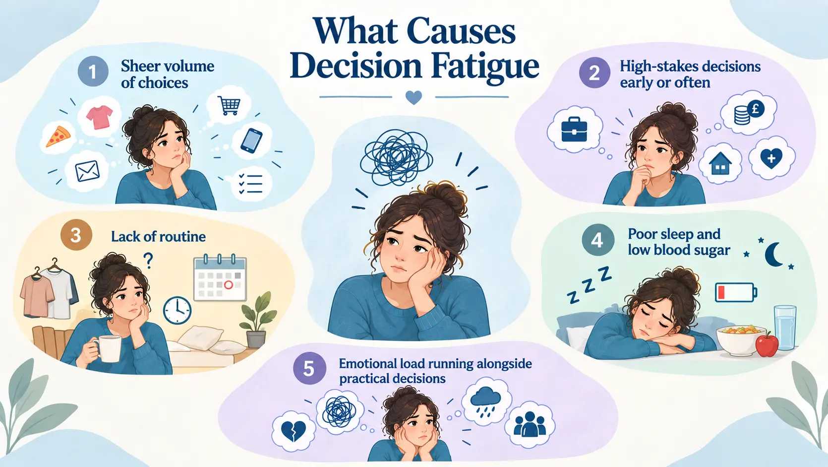 nfographic showing five common causes of decision fatigue, including too many choices, high-stakes decisions, lack of routine, poor sleep and emotional load.