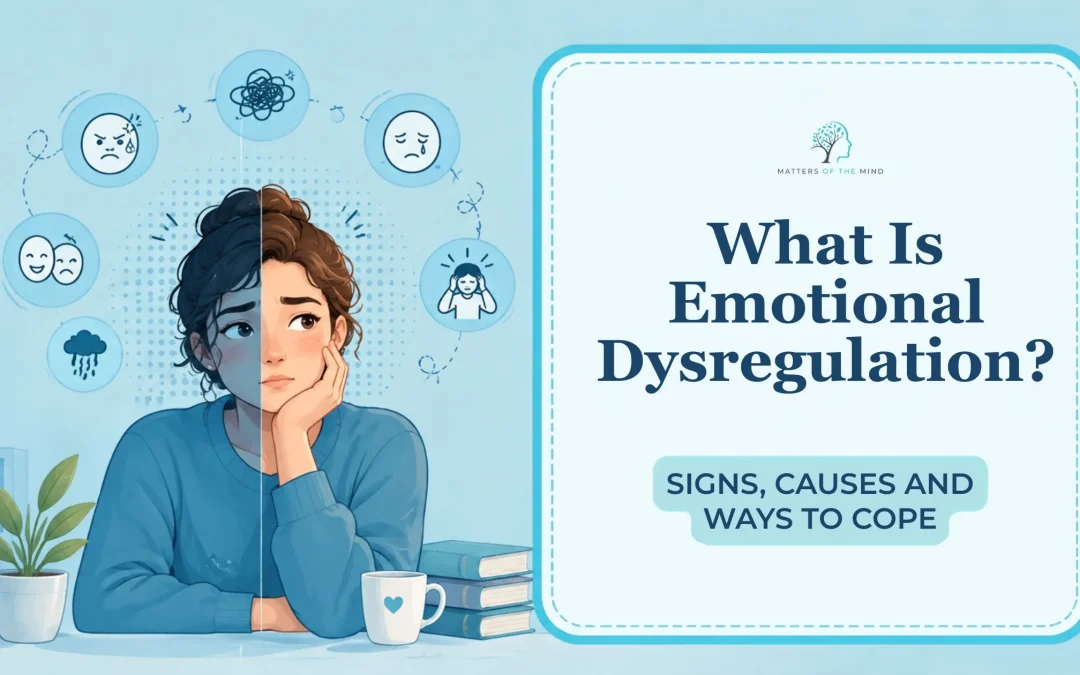 Illustration explaining emotional dysregulation, showing a person experiencing contrasting emotional states surrounded by icons representing anger, sadness, stress, confusion, and emotional overwhelm, alongside text reading “What Is Emotional Dysregulation? Signs, Causes and Ways to Cope.”