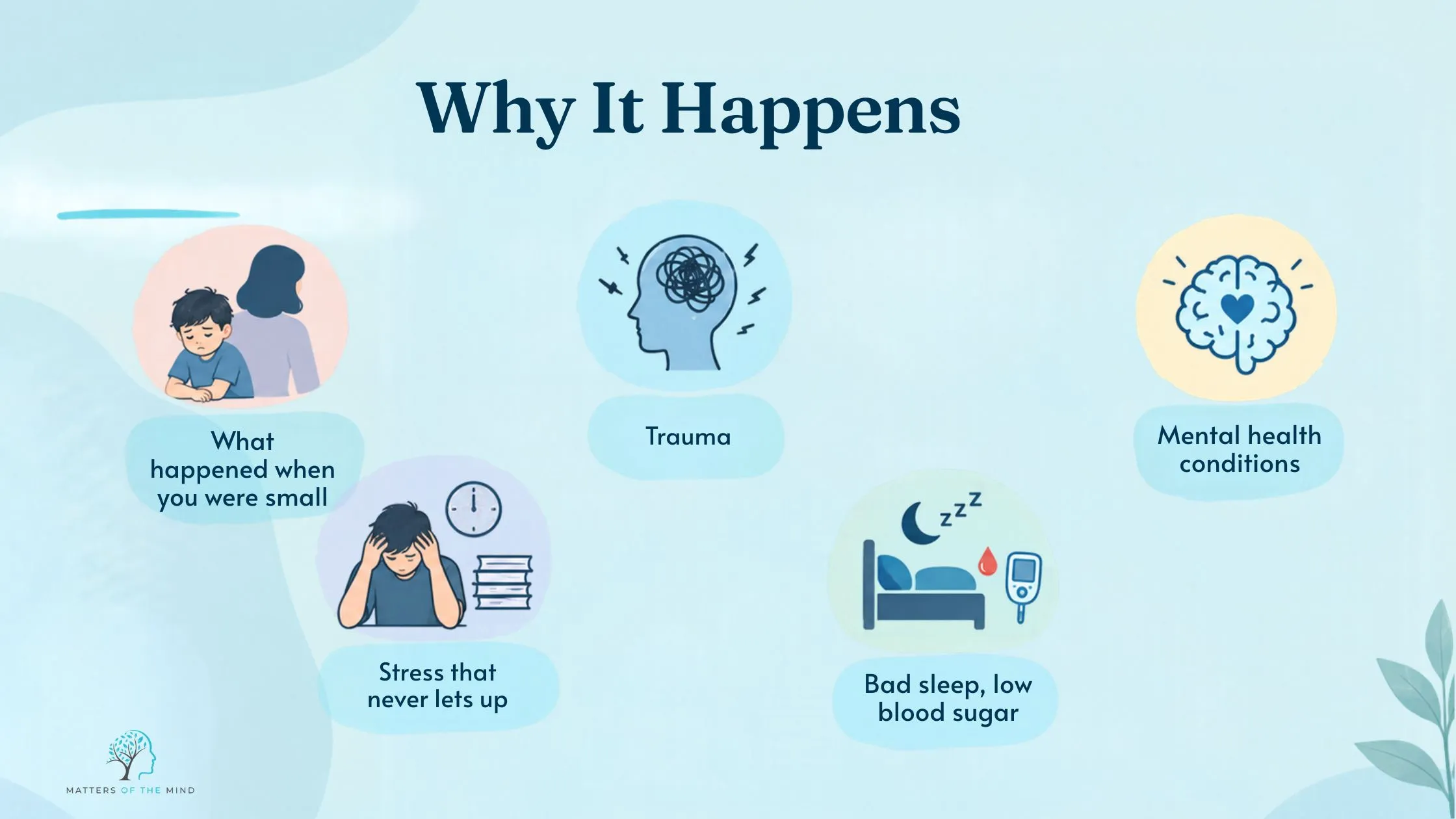Infographic showing possible causes of emotional dysregulation, including childhood experiences, trauma, mental health conditions, ongoing stress, poor sleep and low blood sugar.