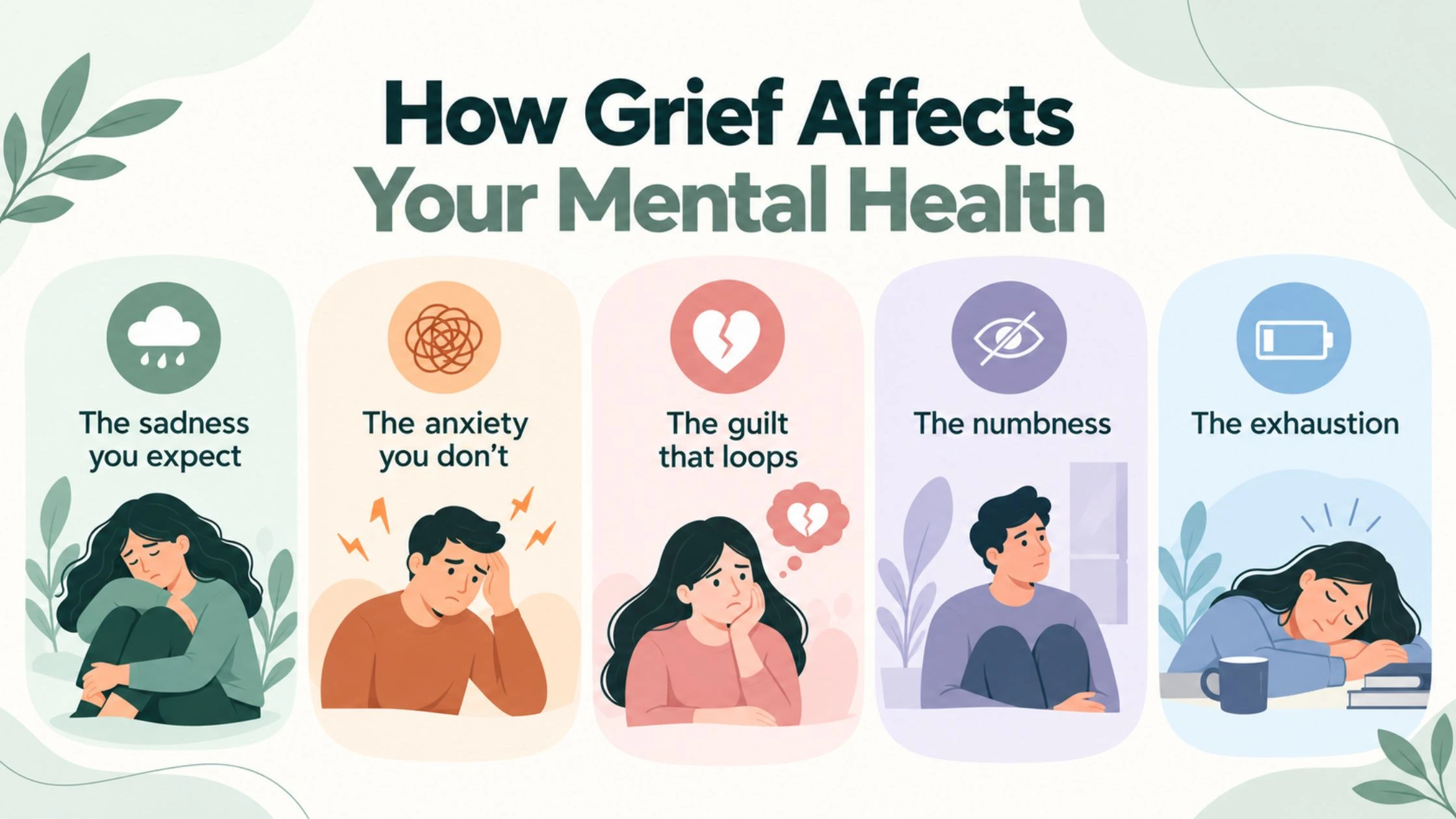 Mental health infographic illustrating five effects of grief: sadness, anxiety, guilt, emotional numbness and exhaustion.