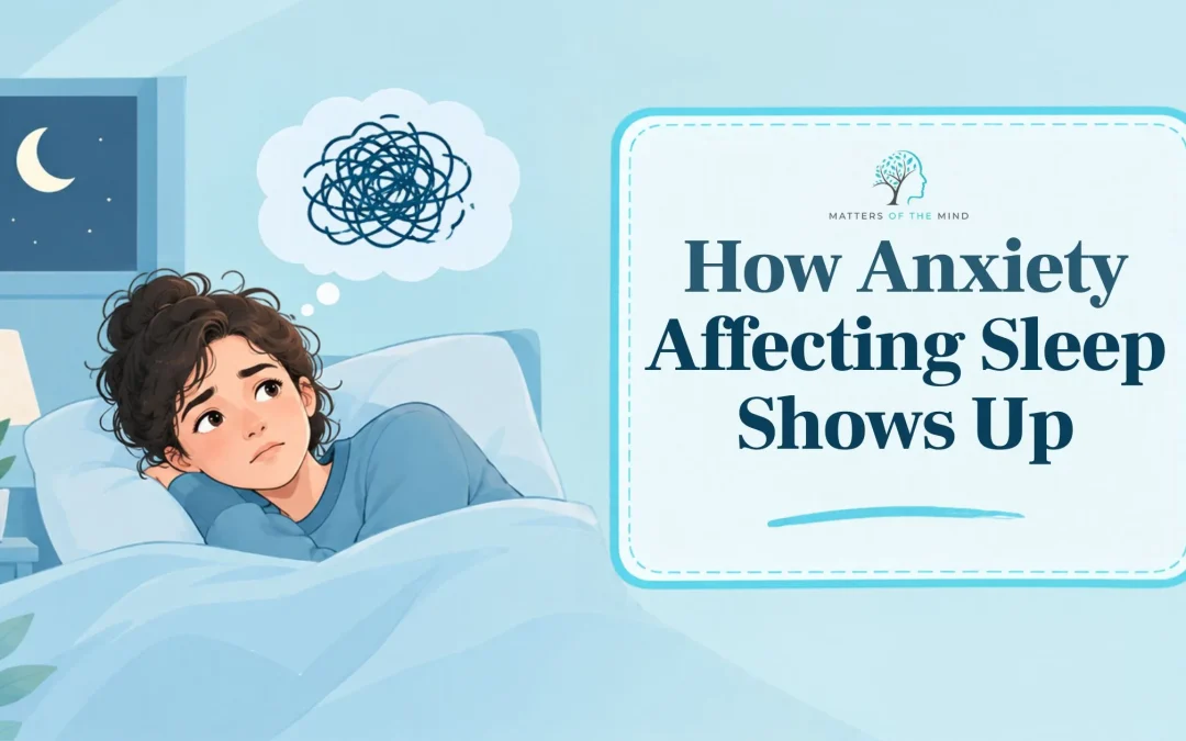 Illustration of a woman lying awake in bed with anxious thoughts, representing how anxiety can affect sleep.