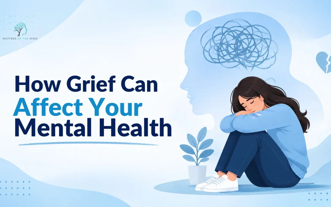 Illustration of a woman sitting with her knees drawn up, representing grief and its impact on mental health.