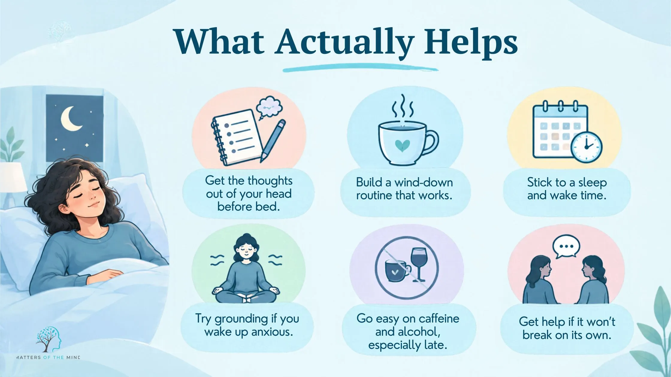 Infographic showing six tips for managing anxiety and improving sleep, including writing down worries, creating a bedtime routine, keeping regular sleep times, grounding techniques, limiting caffeine and alcohol, and seeking support.